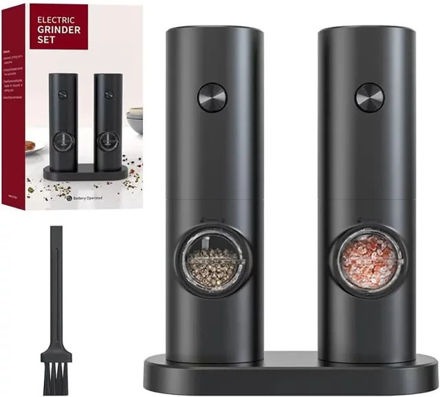 KLT 2er-Set Elektrische Salz- und Pfeffermühlen in Schwarz mit einstellbarer Mahlstufe, Batteriebetrieben und Nachfüllbar - Bild 1