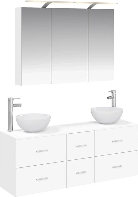vidaXL Badezimmermöbel-Set 4-teilig in Weiß, modern gestaltet aus Ingenieurholz und Glas mit LED-Beleuchtung und Spiegelschrank - Bild 1