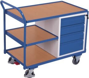VARIOfit Werkstattwagen aus Stahl mit 3 Ladeflächen, 4 Schubladen und Rollen in Grau und Blau - Bild 1