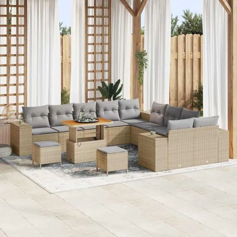 Vidaxl Garten-Sofa-Set aus 13-teiligem Polyrattan und Akazienholz in Beige und Grau, B/T/H: 90 x 55 x 71 cm - Bild 1