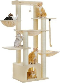 Pawz Road Kratzbaum für erwachsene Katzen mit Höhle, Hängematte und ersetzbarem Sisal aus Holz - Bild 1