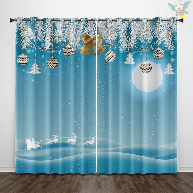 2er-Set weihnachtliche Vorhänge mit Glocken- und Schneemuster in Blau, B: 140 cm, H: 160 cm - Bild 1