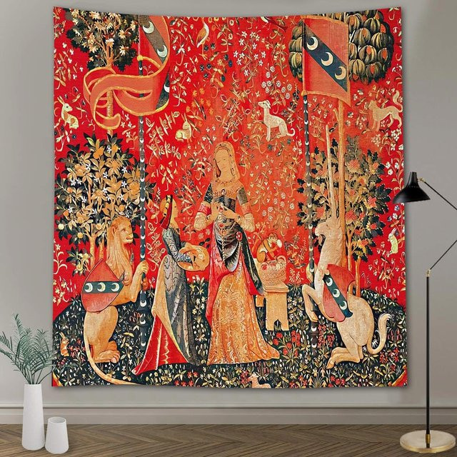 Mittelalterlicher Wandteppich Dame und Einhorn Kunstdruck Wandbehang von JMG Household Supplies, Farbe: Rot, B/H: 180 x 180 cm - Bild 1
