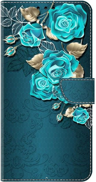 Samsung Galaxy Handyhülle aus Leder mit Blumen, Eulen, Schmetterlingen oder Tier-Mustern in Blau für Galaxy A12, A13, A14, A21, A22, S10, S21, S22, S23 und S24 - Bild 1