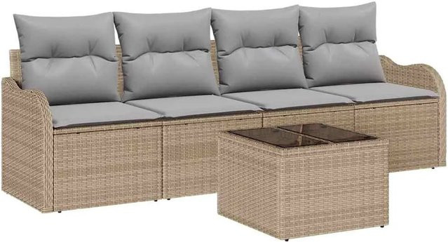 vidaXL Garten-Sofa-Set 5-teilig aus Polyrattan in Beige mit Polsterkissen und Tisch - Bild 1