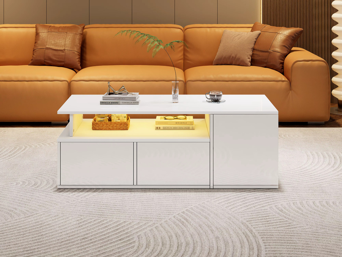 LED-Couchtisch in Weiß mit 2 Schubladen und Stauraum, B/T/H: 100 x 50 x 35 cm - Bild 2