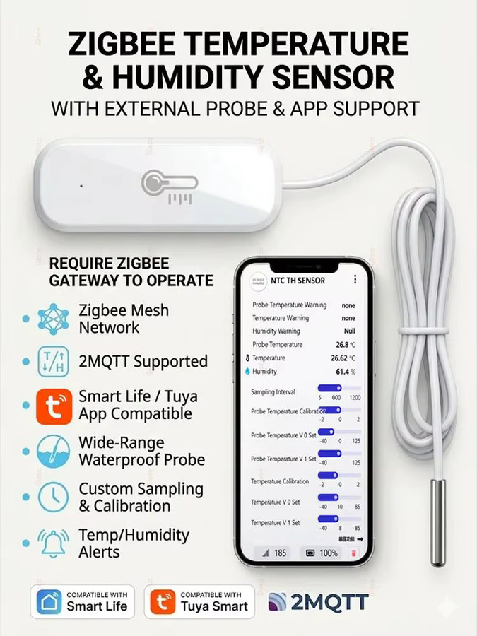 Coolo Zigbee Smart Thermometer Hygrometer mit Sonde für Pool, Kühlschrank und Gefrierschrank, Temperatursensor für 2MQTT TUYA Smart Life, Weiß - Bild 1