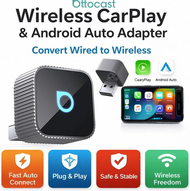 Ottocast 3.0 Mini Slim Kabelloser CarPlay und Android Auto Adapter in Schwarz und Silber mit Bluetooth 5.0 und WLAN - Bild 1