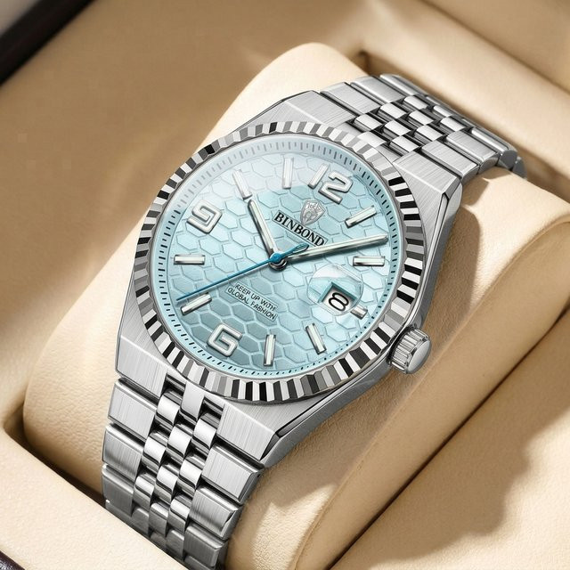 BINBOND Armbanduhr Edelstahl, Quarz, Blau, Silber, Unisex, Datum - Bild 1