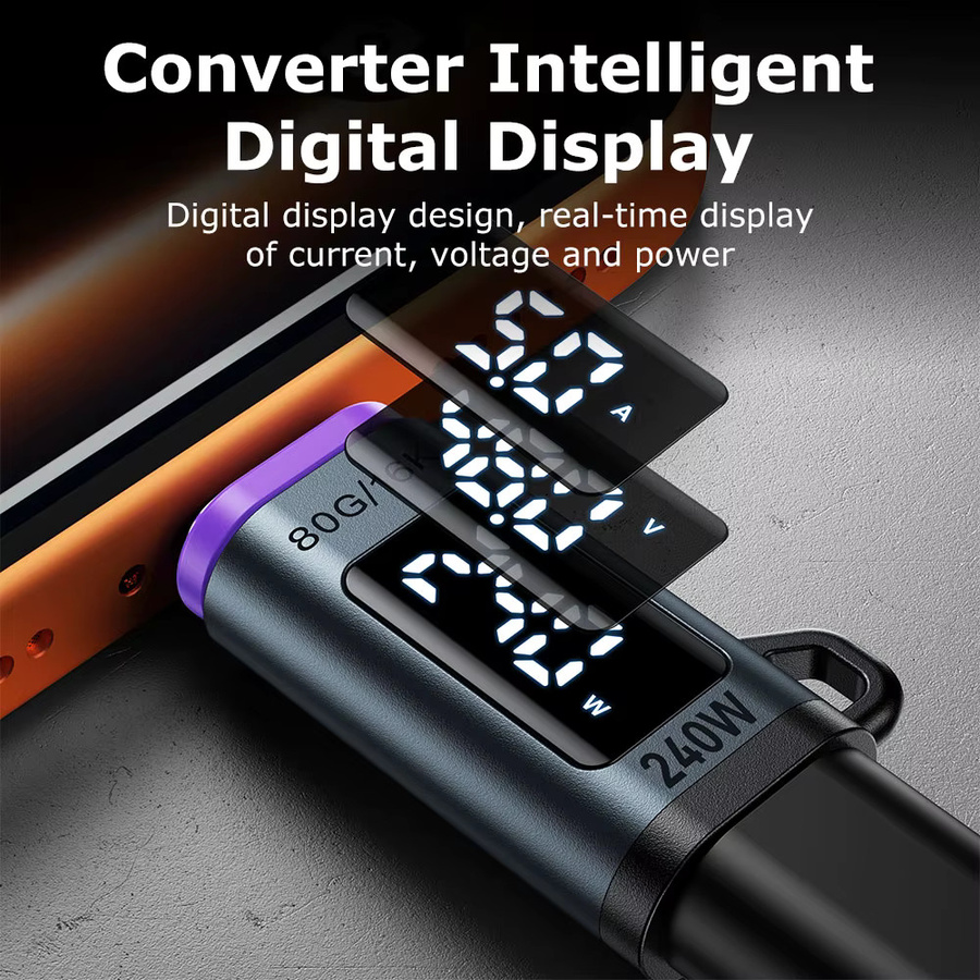 AUFU Magnetischer USB-C zu Typ-C Adapter mit Digitalanzeige, 240W Schnellladung, USB4 Anschluss mit 80Gbps für Thunderbolt5 und iPhone 16, Schwarz - Bild 2