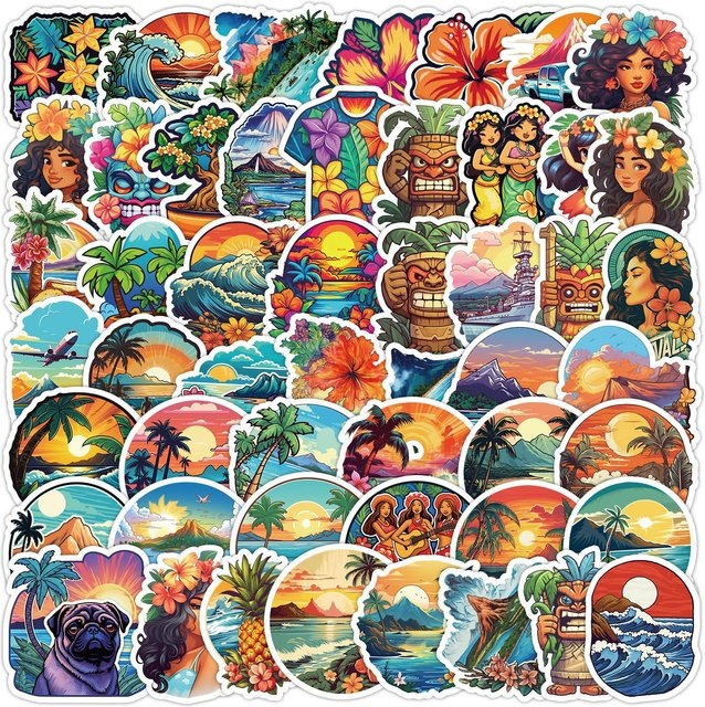 Aquarell Hawaiian Strand Urlaub Aufkleber Set in Multicolor für DIY Dekoration von Koffern, Rollern und Notebooks - Bild 1