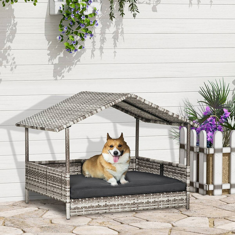 PawHut Hundehütte aus PE Rattan und Stahl in Grau mit Kissen, wetterfest und mit erhöhtem Boden, B: 69 cm, T: 98 cm, H: 70 cm - Bild 2