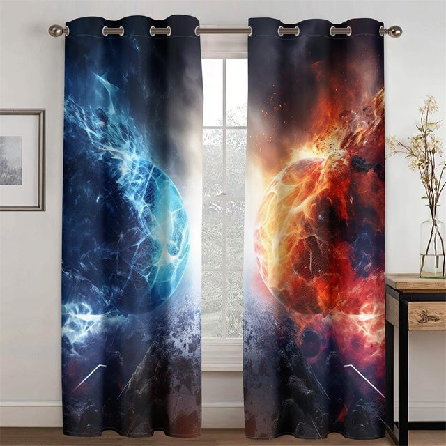 2er-Set Fußballvorhänge im 3D-Sci-Fi-Design, Rot und Blau, Dekorationsvorhänge aus Polyester für Wohnzimmer, Schlafzimmer und Küche, B: 50 cm, H: 130 cm - Bild 1