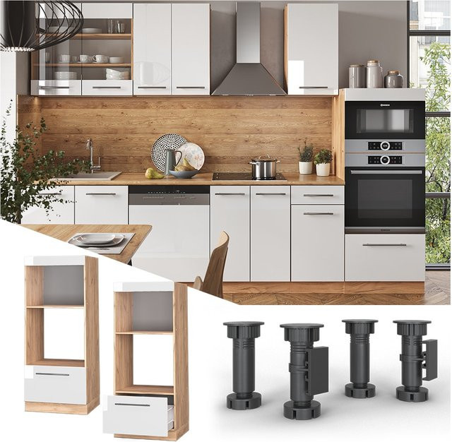 Vicco Mikrowellenschrank Fame-Line Küchenschrank in Weiß Hochglanz und Eiche mit Softclose-Scharnieren und Schubladen, Breite: 60 cm, Höhe: 153,6 cm, Tiefe: 44,53 cm - Bild 1