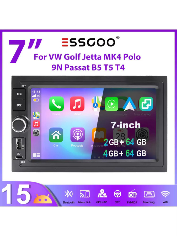 ESSGOO Android 15 Autoradio mit 7 Zoll Touchscreen, 4+64G/2+64G, Wireless CarPlay, Android Auto, GPS, Bluetooth und Navigation für VW Golf Jetta MK4 Polo 9N Passat B5 T5 T4 sowie SEAT und SKODA, Schwarz - Bild 5