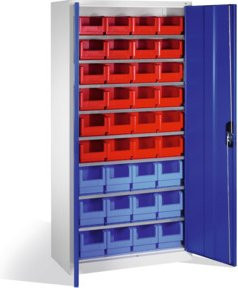 C+P Magazinschrank mit 26 Sichtlagerkästen aus Stahl, Front Enzianblau und Korpus Lichtgrau, H: 198,0 cm, B: 100,0 cm, T: 42,0 cm - Bild 1