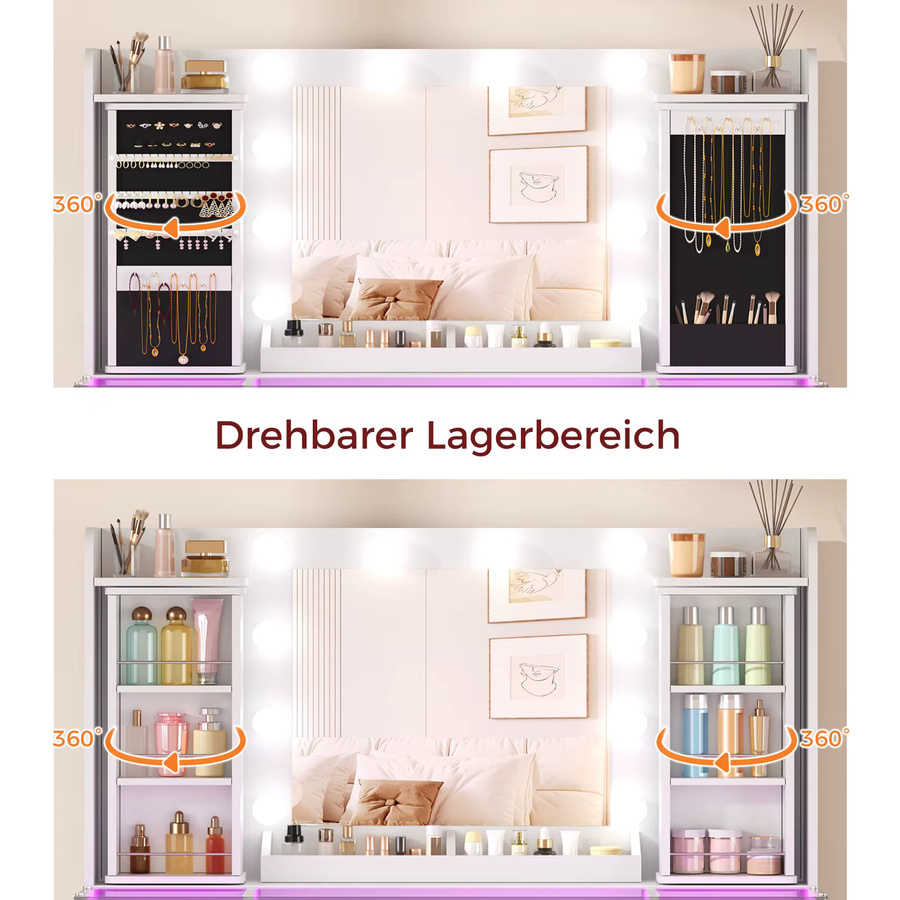 BEWISHOME Schminktisch mit LED-Beleuchtung, Glasplatte, Steckdose und USB-Anschluss in Weiß, B/T/H: 105 x 40 x 140 cm - Bild 2