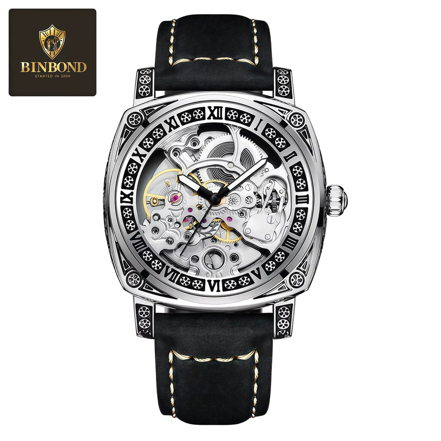 BINBOND Armbanduhr Automatik, Leder, Silber, Gold, Herren - Bild 6