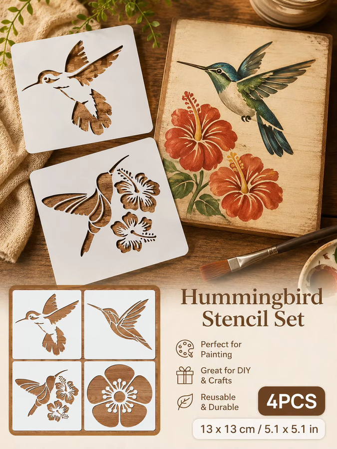 4 Stück Kolibri-Blumen-Schablonen in Weiß, wiederverwendbare Vogel- und Blumenmalvorlagen für DIY-Wanddekoration auf Leinwand und Stoff, B/H: 12,95 x 12,95 cm - Bild 5