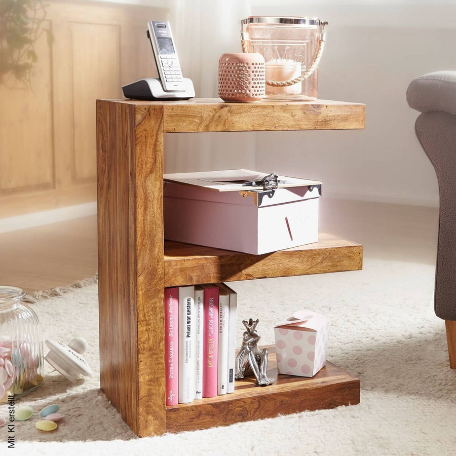 Wohnling Beistelltisch aus Sheesham Echtholz in Braun und Beige, B/H/T: 45 x 60 x 30 cm - Bild 3