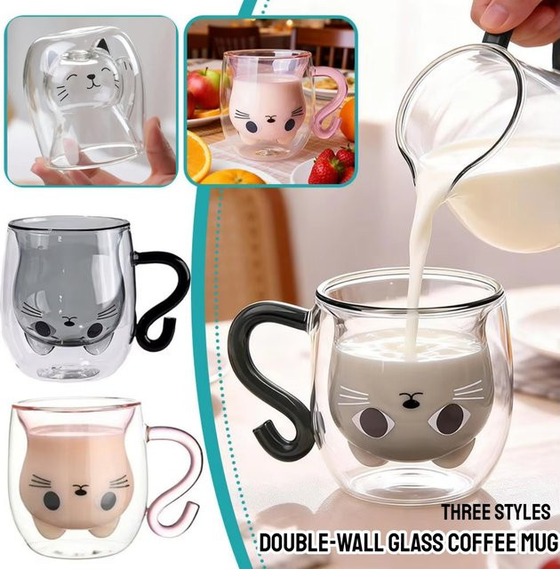 YOCITY Doppelwandige Glas-Tasse mit Katzenmotiv in Transparent - Bild 1