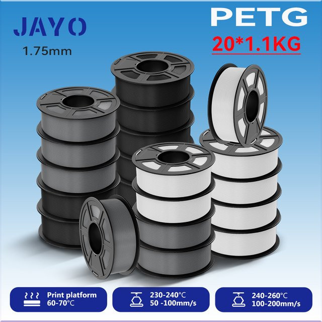 JAYO PETG 3D-Drucker-Filament 1,75 mm für FDM-Drucker, 20 Rollen à 1,1 kg, Schwarz, Weiß und Grau - Bild 1