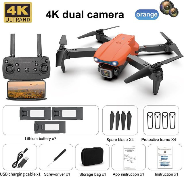 LYZRC K3 RC Drohne mit 4K HD Dual-Kamera, Wifi FPV, Hindernisvermeidung und Schwerkraftsensor, faltbarer Quadcopter in Orange mit 3 Akkus - Bild 1