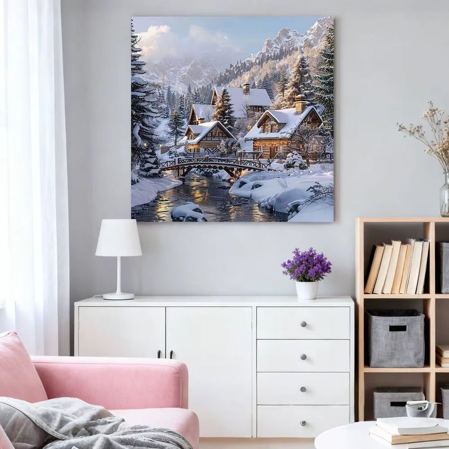 HUACAN Diamant-Malerei Set Winterlandschaft mit Haus als Mosaik-Stickerei zur Heimdekoration - Bild 2