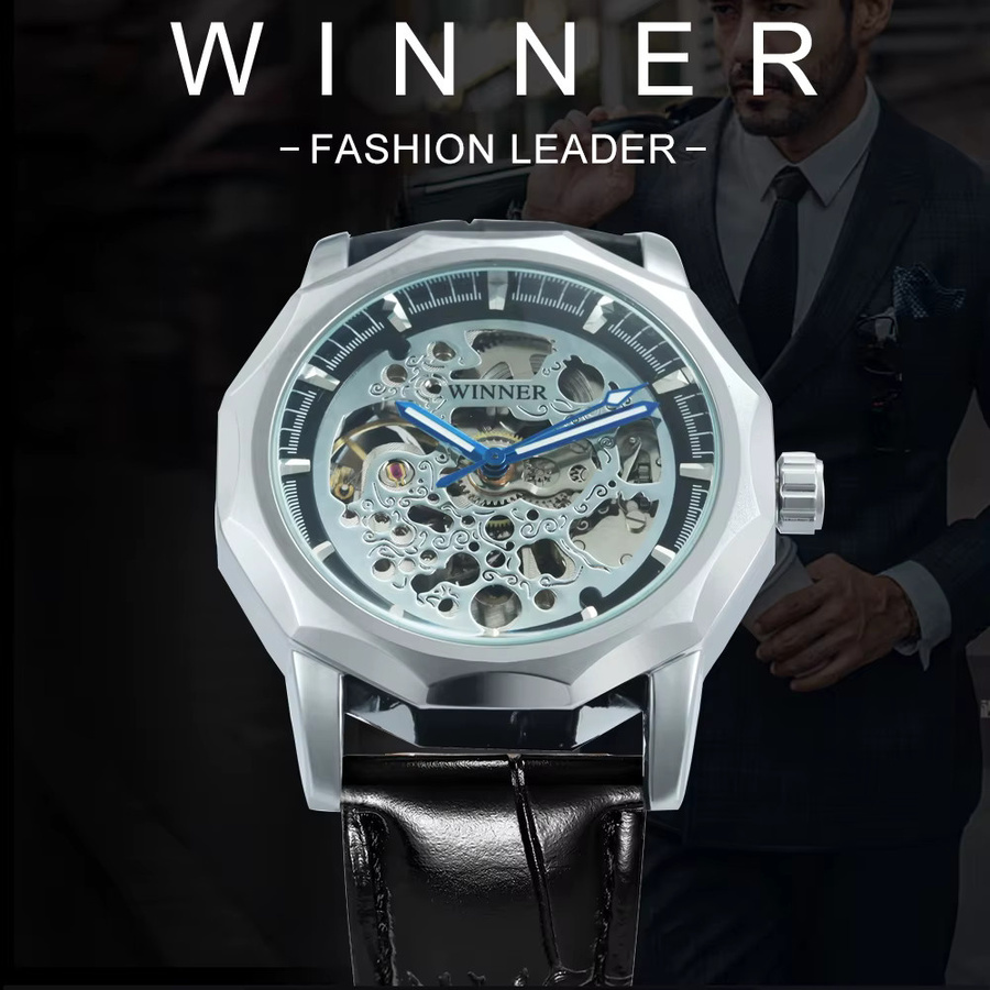 GEWINNER Herren Armbanduhr, Automatik, Edelstahl, Leder, Silber, Eckig - Bild 2