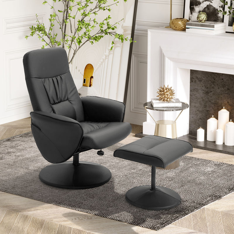 HOMCOM Relaxsessel mit Fußhocker, 360 Grad drehbarer Schwenkersessel mit verstellbarer Rückenlehne, TV-Sessel aus Kunstleder und Metall, Schwarz - Bild 2