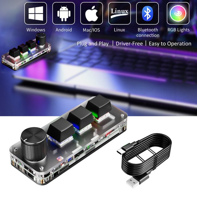 GGBEE RGB Bluetooth Makro-Mechanische Tastatur mit 3 Tasten, Hotswap, rote Schalter, programmierbares Gaming- und Photoshop-Keypad - Bild 1