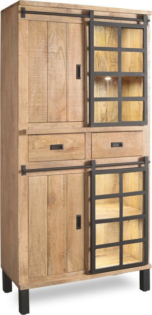 Vitrine HARPER WOODLAND aus Mango-Holz und Metall in Braun und Beige mit Schiebetüren, integrierter Beleuchtung und Soft-Close-Funktion, H x B x T: 180 x 90 x 42 cm - Bild 1