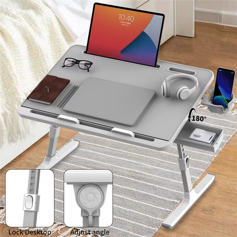 HGTUGO Klappbarer Computertisch in Weiß, Höhenverstellbarer Laptoptisch mit neigbarer Platte und 8 Stufen, Multifunktionaler Schreibtisch für Bett und Home Office, Tragkraft 15 kg - Bild 4