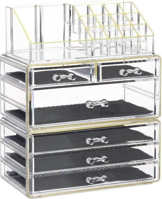 Relaxdays Kosmetikorganizer aus Acryl in Gold und Transparent, stapelbar, B: 29 cm, T: 23,5 cm, H: 14 cm - Bild 1