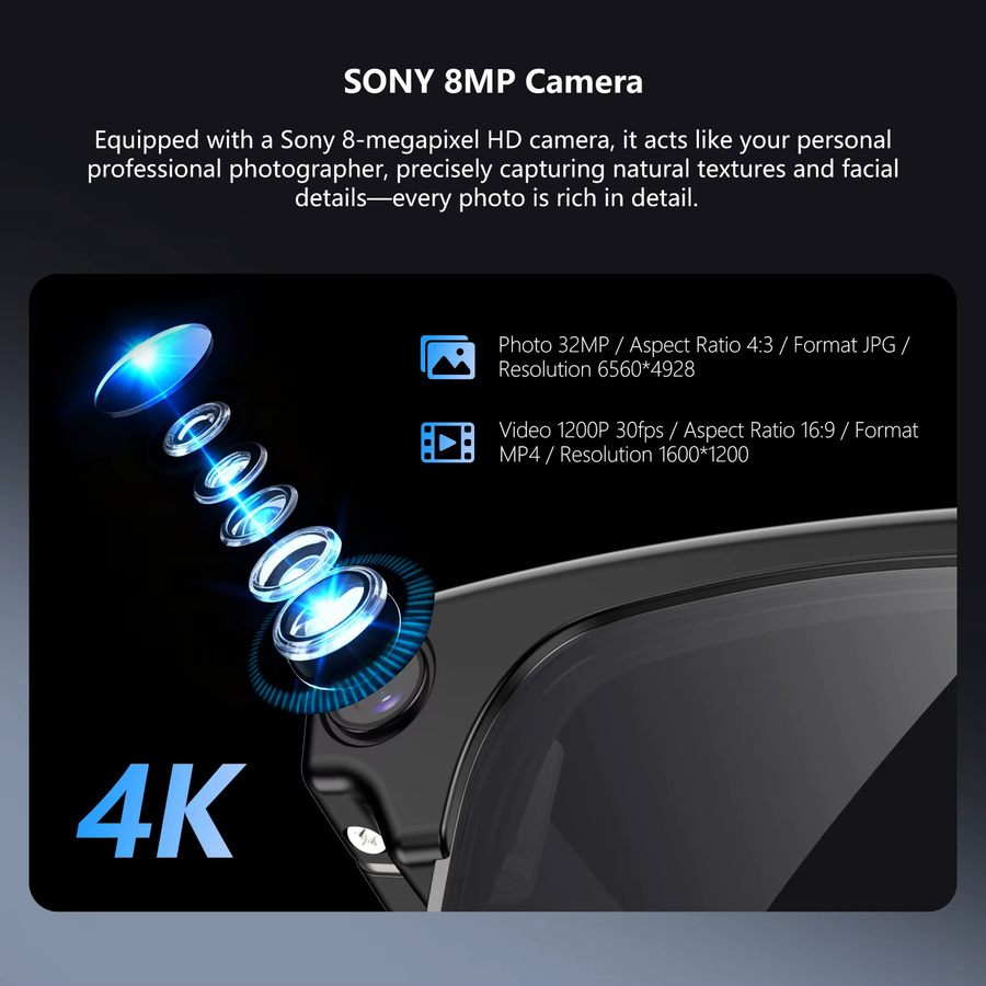 Blackview BV200 Smartbrille in Schwarz mit 8MP 4K Ultra HD Kamera, Bluetooth 6.0, Sprachassistent, KI-Übersetzung und IP54 Wasserschutz - Bild 6
