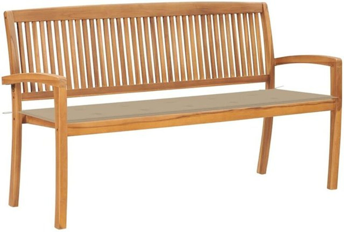 Vidaxl Stapelbare Gartenbank aus Massivholz Teak mit Auflage in Beige und Braun, Breite: 159 cm - Bild 1