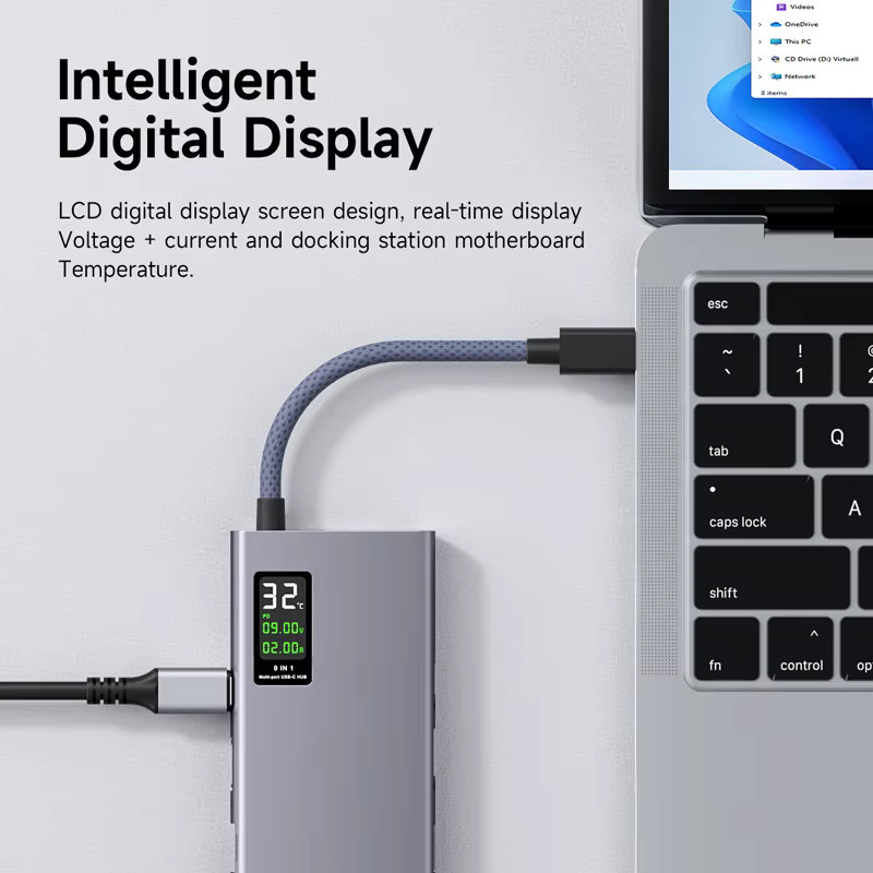 Hagibis USB C Hub Multiport-Adapter mit LCD-Display in Grau, 4K HDMI, 100W PD und Gigabit Ethernet für MacBook Pro und iPad - Bild 2