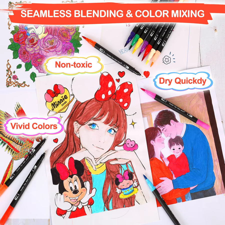 Dual-Pinsel-Markierungsstifte Set mit 168 Farben, Kunstmarker mit feiner Spitze und Pinselspitze für Malbücher und Bullet Journaling, Mehrfarbig - Bild 4