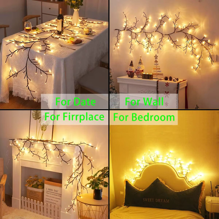 Dekoratives Rattan-Nachtlicht mit 96 warmweißen LEDs, biegbare Weidenrebenlichter im Boho-Stil für Innen und Außen, Farbe: Braun oder Weiß - Bild 2
