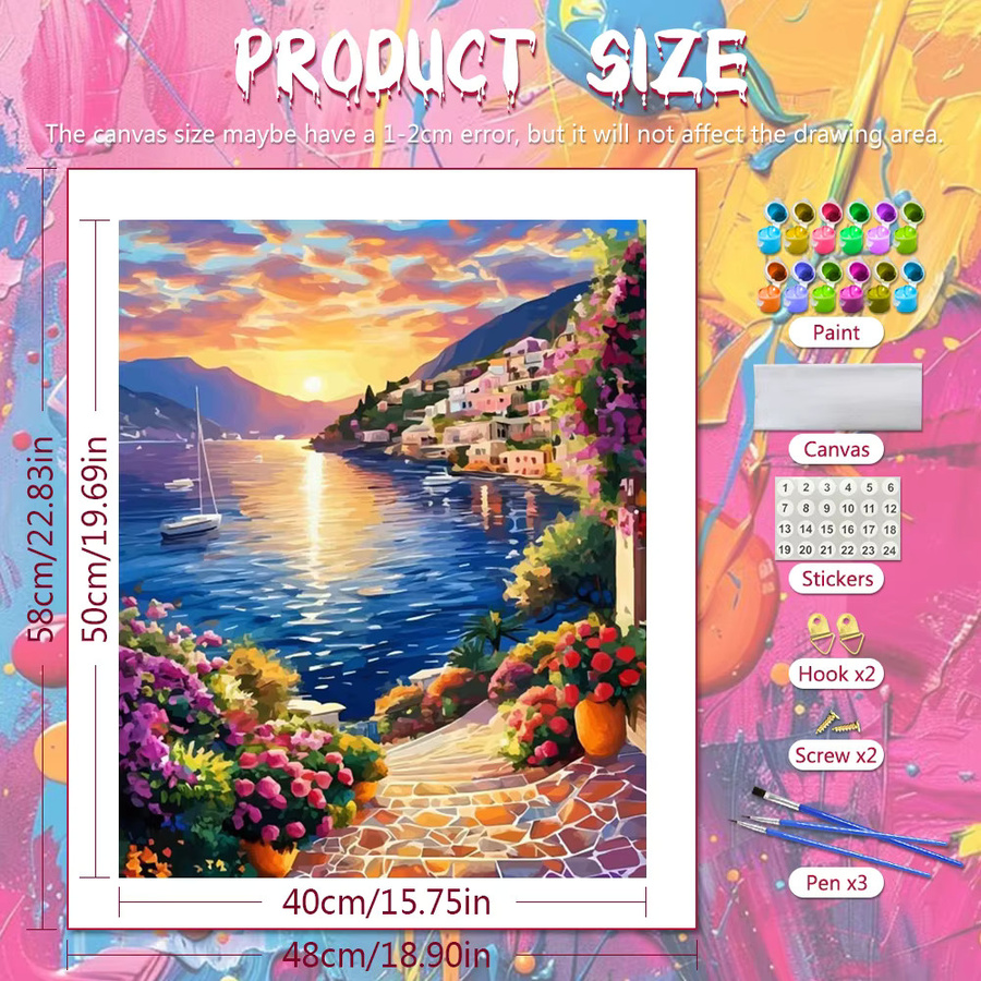 Huacan DIY Ölgemälde nach Zahlen Meeres- und Berglandschaft mit Küste und Sonnenuntergang in Multicolour - Bild 2