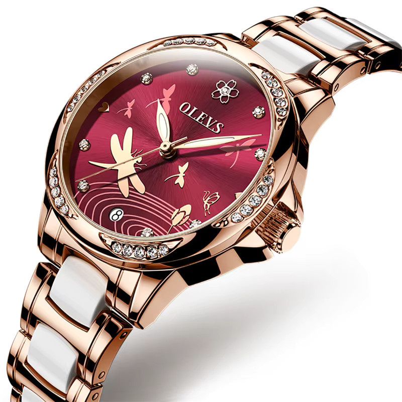 OLEVS Armbanduhr Automatik, Edelstahl, Diamantbesetzt, Damen, wine red - Bild 2