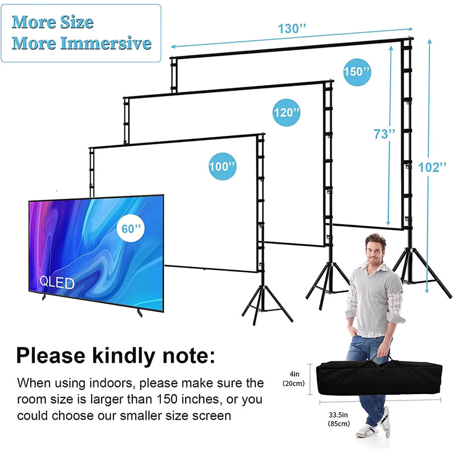 VEIDADZ Projektorleinwand mit Ständer, weiß, knitterfrei, doppelseitiger Bildschirm für Heimkino und Outdoor, 60-150 Zoll, 160 Grad Betrachtungswinkel - Bild 3
