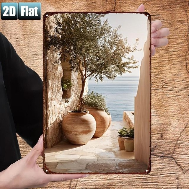 HELLOYOUNG Metall-Blechschild Olivenbaum und Meeresblick Wandkunst in Mehrfarbig, B/H: 30,5 x 20,3 cm - Bild 1