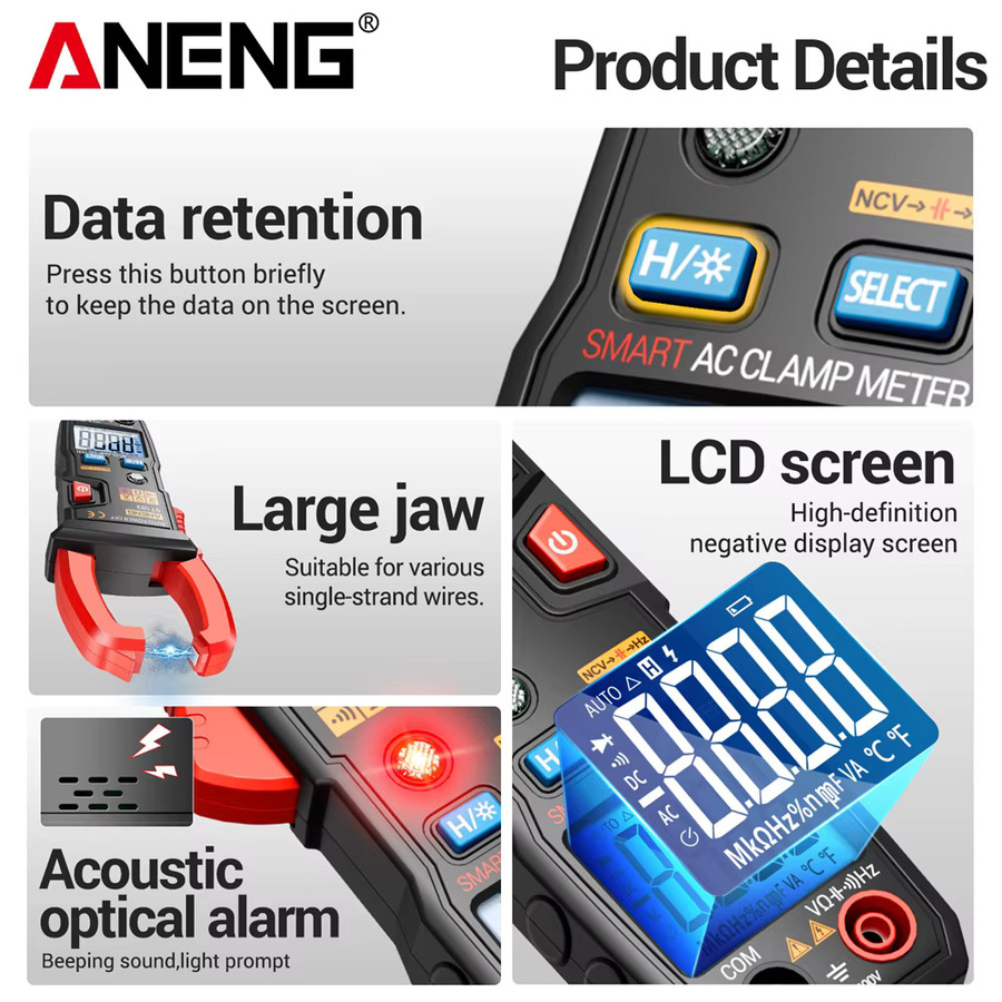 ANENG ST183 Zangenamperemeter True RMS AC-Strom 6000 Anzeigen Spannungsprüfer mit NCV und Kapazitätsmessung in Rot - Bild 5