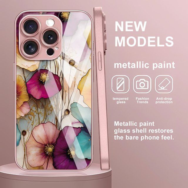 Handyhülle aus gehärtetem Glas mit Blumenmuster für iPhone 11 bis iPhone 17 Pro Max in Multicolour - Bild 1