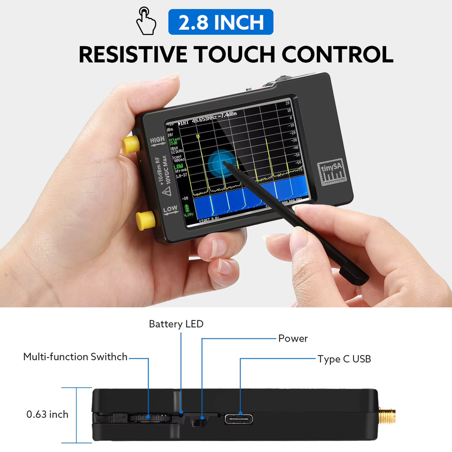 Tinysa Spektrumanalysator mit 2.8 Zoll Display, Frequenzbereich 960 kHz bis MHz, ESD Protected Version V0.3.1, Schwarz - Bild 2