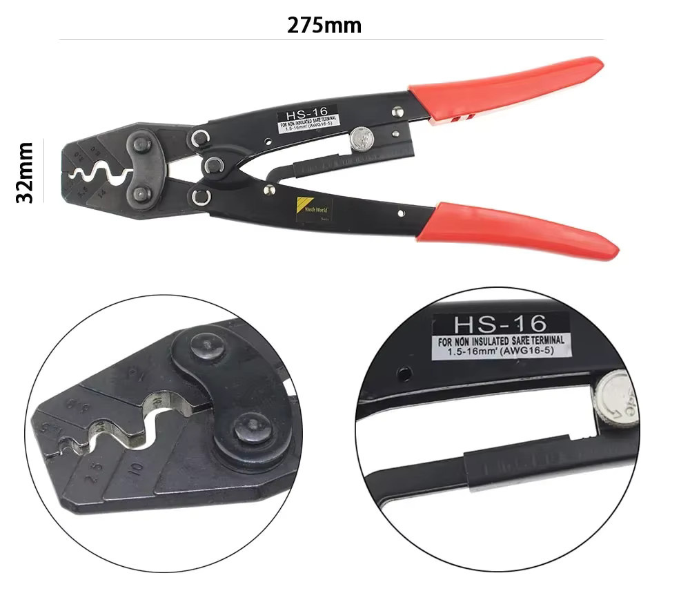 Lsmake Crimpzange HS-16 für Kabelschuhe und Bare Terminals, Drahtzange und Schneider für 1,25-16 mm² - Bild 2
