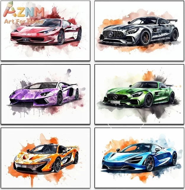 Rastar Supercar Wandkunstdruck im Aquarell-Stil als ungerahmtes Leinwandposter mit abstrakten Illustrationen in Multicolour - Bild 1