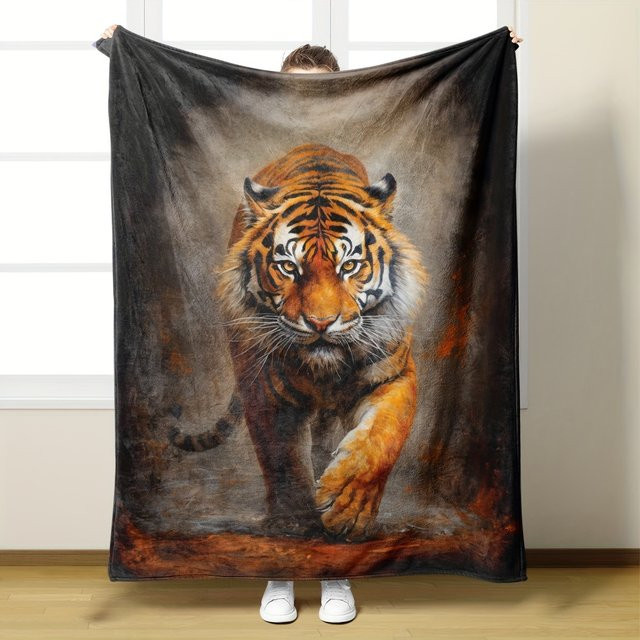 VIKAMA Überwurfdecke aus Flanell mit Dschungelkönig und Tiger-Aufdruck, Mehrfarbig, B/T: 150 x 135 cm - Bild 1