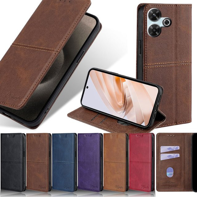 Leder Flip Cover für Xiaomi Poco F6 Pro, X6 Neo und Poco C61 mit Business Logo Prägung und Kartenhalter in Lila - Bild 1